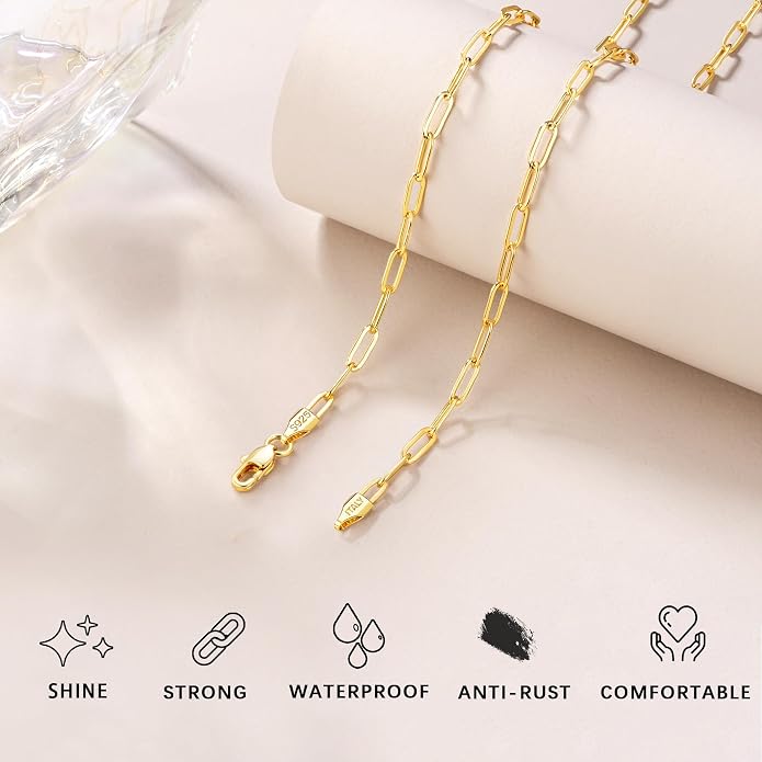 18K Gold Plated and 925 Sterling Silver Paperclip Chain Necklace for Women, 3mm 4mm Women's Chain Necklace, World's Top Craftsmanship Necklace for Women 16 18 20 22 24 26 Inch