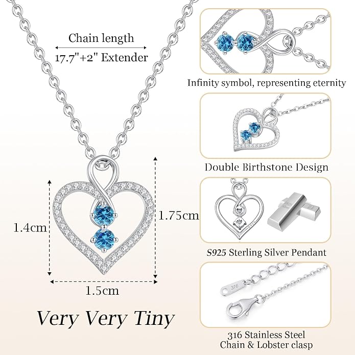 LOUISA SECRET Double Birthstone Necklaces for Women, 925 Sterling Silver Infinity Love Heart Pendant Necklace for Her, Birthday Anniversary Valentine's Day, Christmas, Wedding, Graduation Gift for Her, Personalized Gifts, Jewelry Gifts for Wife Mom Gir...