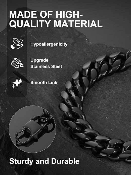 ChainsPro Cuban Link Bracelet for Mens, 6/10/14 mm, 19-21CM Length, 18K Gold Plated/316L Stainless Steel/Black-With Gift Box