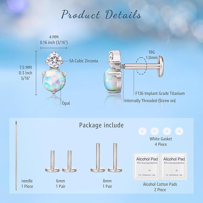 Limerencia 2Pcs 18g Titanium Internally Threaded Tragus Piercing Jewelry Nose Studs Flat Back Earrings Labret, Lip, Helix, Cartilage, Conch, Medusa Piercing for Women Men Sensitive Ears