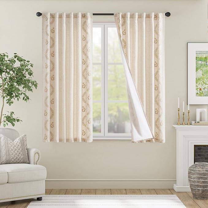 jinchan Floral Lined Linen Curtains 63 Inch Rod Pocket 2 Panels Beige | Embroidered curtains,privacy lining,boho curtains,light filtering,living room,bedroom,flower patterned,window treatment