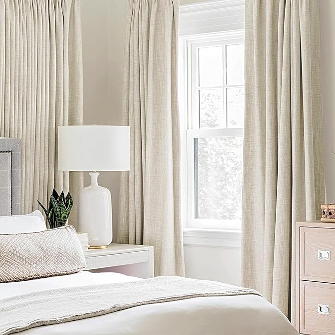 MIULEE 100% Blackout Linen Textured Curtains for Bedroom Solid Thermal Insulated Cream Grommet Room Darkening Curtains & Drapes Luxury Decor for Living Room 52 x 63 Inch (2 Panels)