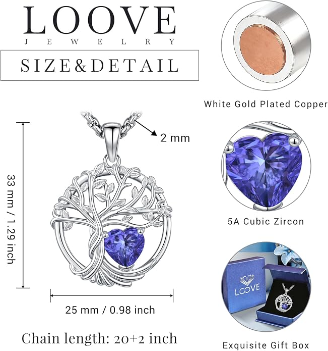Birthstone Tree of Life Necklace for Women Heart Crystal Pendant Silver Plated Birthday Anniversary Jewelry for Wife, Mom, and Her