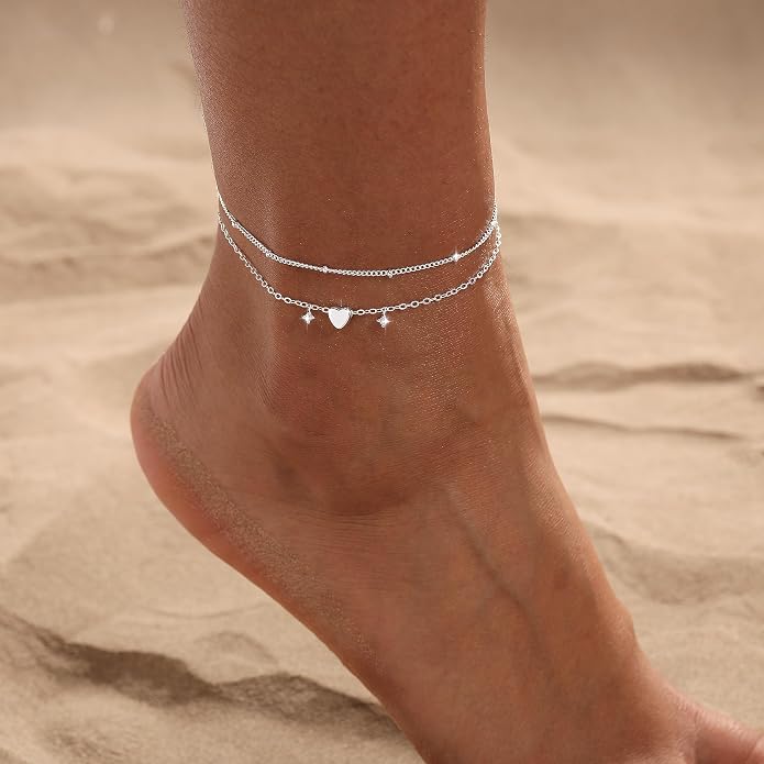 Ankle Bracelets for Women 14K Gold/Silver Plated Cross Heart Bead Anklet Waterproof Adjustable Chain Non Tarnish Cute Boho Trendy Dainty Summer Beach Foot Jewelry Gift for Her
