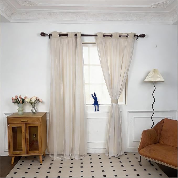 INLINAS Beige Blackout Curtains with Sheer Overlay - Grommet Top Thermal and Noise Reduction Panels for Bedroom and Living Room Light Blocking and Energy Saving, 37 x 72 Inches, Set of 2