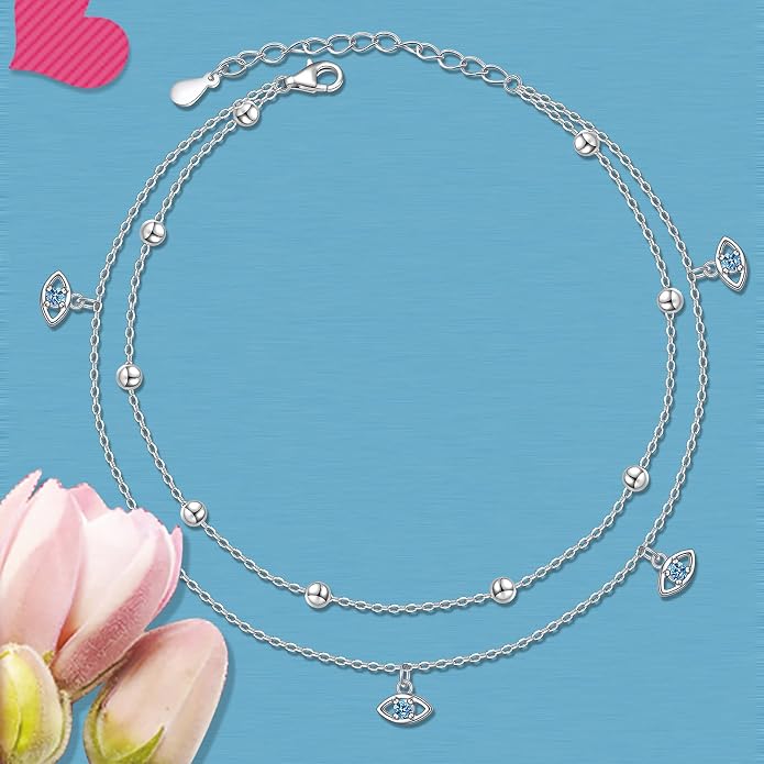 Anklet for Women S925 Sterling Silver Beach Style Foot Layered Adjustable Ankle Bracelet Disc Evil Eye Heart Infinity Bead Cross Jewelry