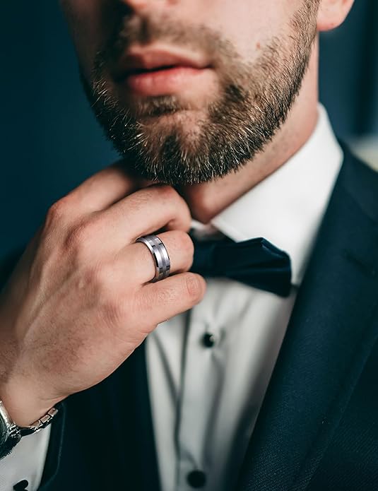 King Will Classic Tungsten Carbide Ring Brushed Two Grooved Center Hammered Design Mens Wedding Band for Men