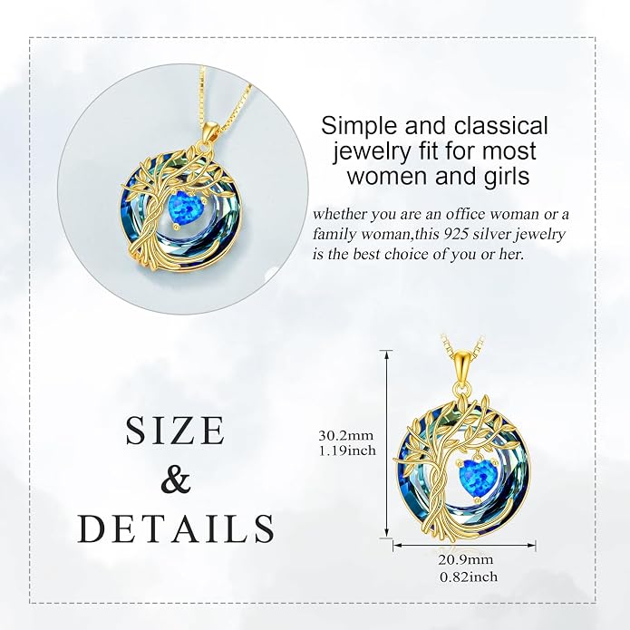 POPLYKE Mothers Day Gifts for Mom Her Wife Tree of Life Necklace 925 Sterling Silver Birthstone Pendant with Crystal Anniversary Birthday Wedding Jewelry for Women