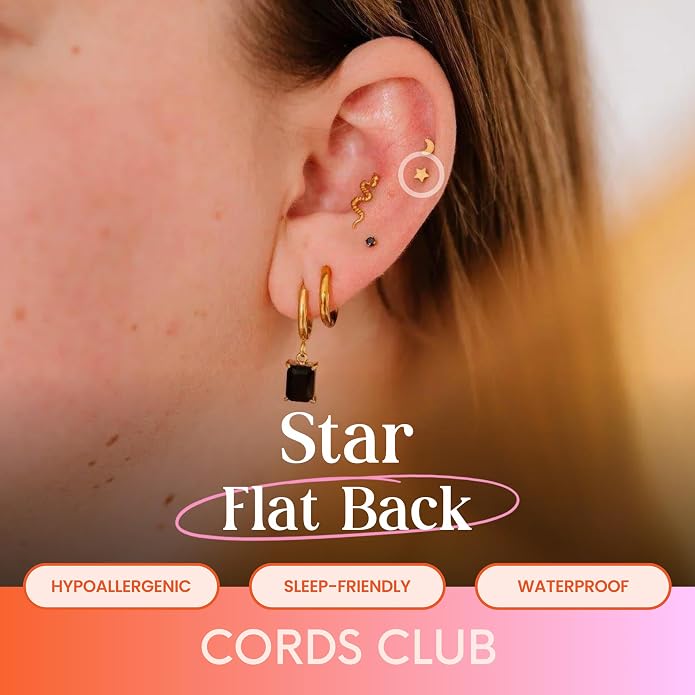 Cords Club Star Flat Back Stud – ASTM-F136 Implant Grade Titanium - Push Pin Design for Sensitive Ears (Single Earring)