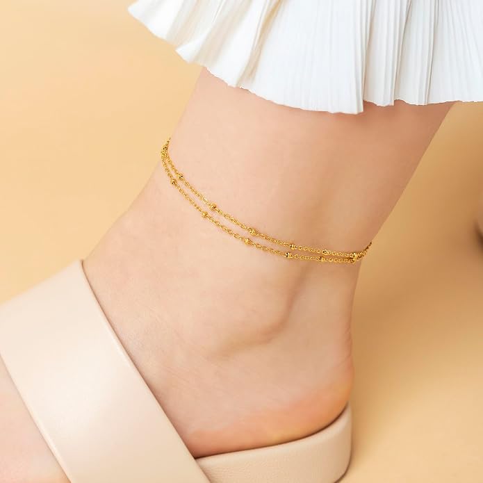Amberta Silver Gold Waterproof Ankle Bracelets for Women | Boho Layered Anklets for Women | Summer Jewelry, Adjustable Ankle Chain Beaded Rope Heart