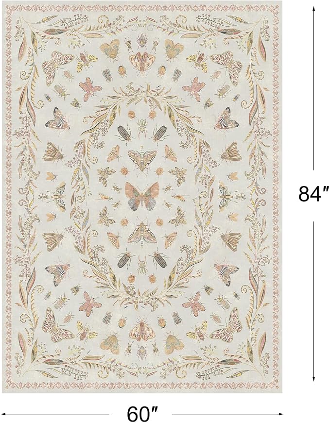 5x7 Beige and Pink Nursery Rug - Colorful Rug for Playroom, Bedroom, Living Room, Insect Butterfly Floral Non-Slip Soft Carpet