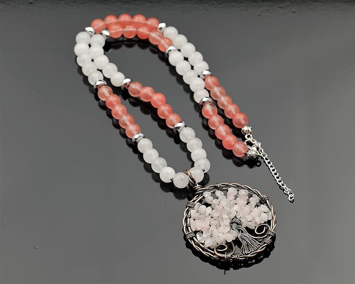 ElisaJewelryArt - Natural Amethyst Big Tree Of Life Pendant Selenite And Amethyst Stone Beaded Necklace Genuine Gemstone Healing Stone Clasp Closure Necklace Unisex Necklace