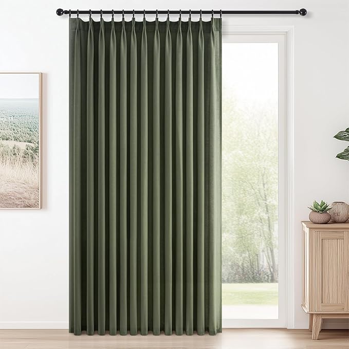 Topfinel 102 Inch Pinch Pleated Linen Curtains 1 Panels,Olive Green Semi Sheer Curtains with Pleated Hooks Back Tab for Track System,Extra Long 9ft Curtain for Living Room Bedroom,72x102