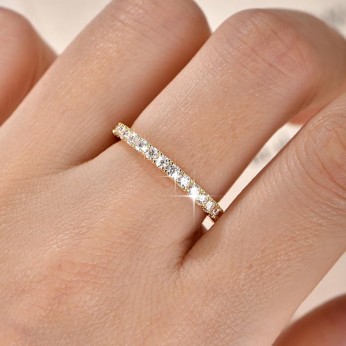 14K Gold Filled Silver Simulated Diamond Moissanite Engagement Promise Ring for Her, Stackable Ring Channel Setting Full Eternity Bridal Band Halo Rings Wedding Bands Size 4 to 10