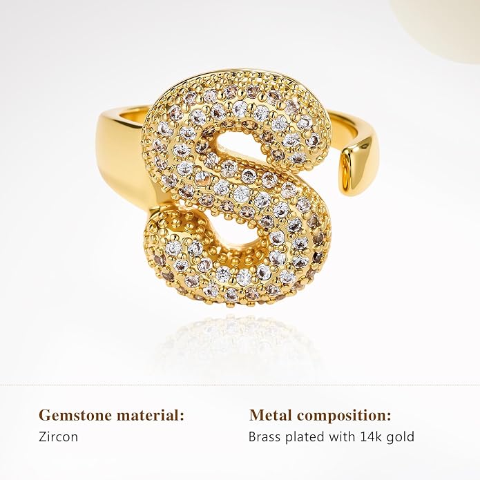 Cicy Bell Initial Rings for Women 14k Gold Plated Cubic Zirconia Delicate Letter Chunky Statement Open Rings Gifts for Her