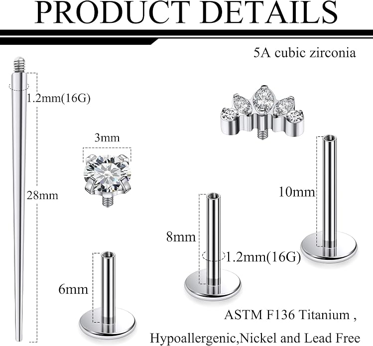 Ruifan Titanium Flat Back Lip Rings Internally Threaded Earrings Studs Nose Rings 16G Opal CZ Tragus Cartilage Lobe Rook Helix Conch Labret Medusa Piercing Jewelry for Women Men W Piercing Taper Set