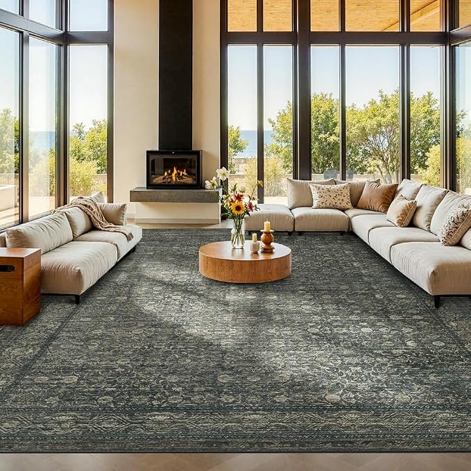 10x14 Washable Area Rug for Living Room, Extra Large,Green Vintage Floral Boho Rugs for Dining Room, Farmhouse, Durable Low Pile Non Slip Carpet for High Traffic Areas, Moss Brown