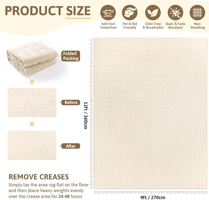 Yamaziot 9x12 Washable Area Rug, High-Low Grid Textured Living Room Rugs, Soft Fluffy Non-Slip Mats Stain Resistant Contemporary Boho Carpet for Dining Room, Kids Nursery Room, Bedroom, Office