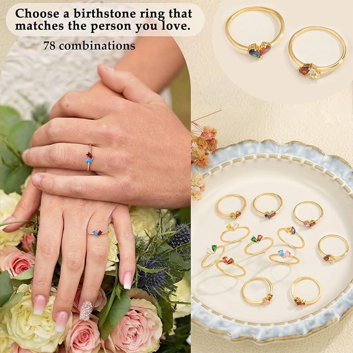 Mothers Day Gifts Gold Heart Birthstone Rings for Women Non Tarnish Stackable Pinky Ring Dainty 14K Gold Plated CZ Gemstone Ring Wedding Promise Ring Birthday Jewelry Gift for Mom