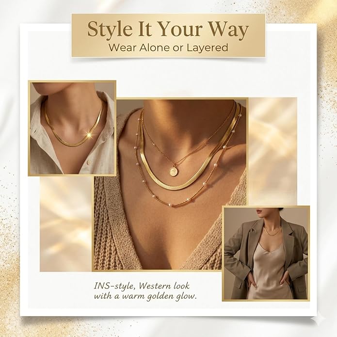 Gold Herringbone Necklace For Women - Rope Chork,Flat Snake Chain Necklaces in 18K Gold & White Gold Plated Tone - Simple Daily Jewelry-Tarnish Free-16-18in