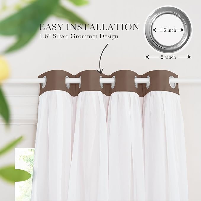 PONY DANCE Window Curtains & Drapes - Grommet Top Blackout Curtains with Crushed Sheer Tie Backs for Living Room Cortinas para Sala, 52 W x 84 L in, Mocha, 2 PCs