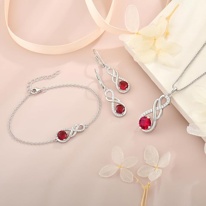 Gemstone Infinity Pendant Necklaces for Women, S925 Sterling Silver Round cut Zircon Necklace Birthstone Jewelry Gift for Her