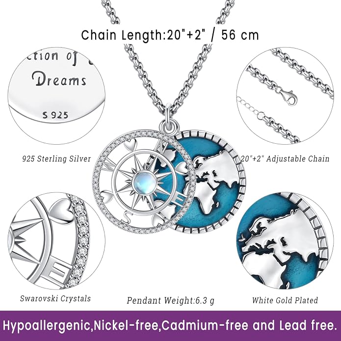 Compass Necklace for Women Men 925 Sterling Silver Pendant Urn Necklaces for Ashes Picture Locket Necklace Anchor Necklace Viking Necklace Crystals CZ Moonstone Abalone Shell Turquoise Compass Jewelry