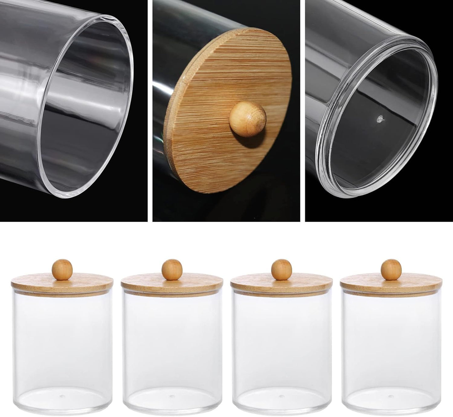 Tbestmax 4 Pack Qtip Holder, 10-Ounce Bathroom Organizer Accessories Storage Containers Clear Plastic Apothecary Jars with Bamboo Lids for Cotton Ball, Cotton Swab, Floss