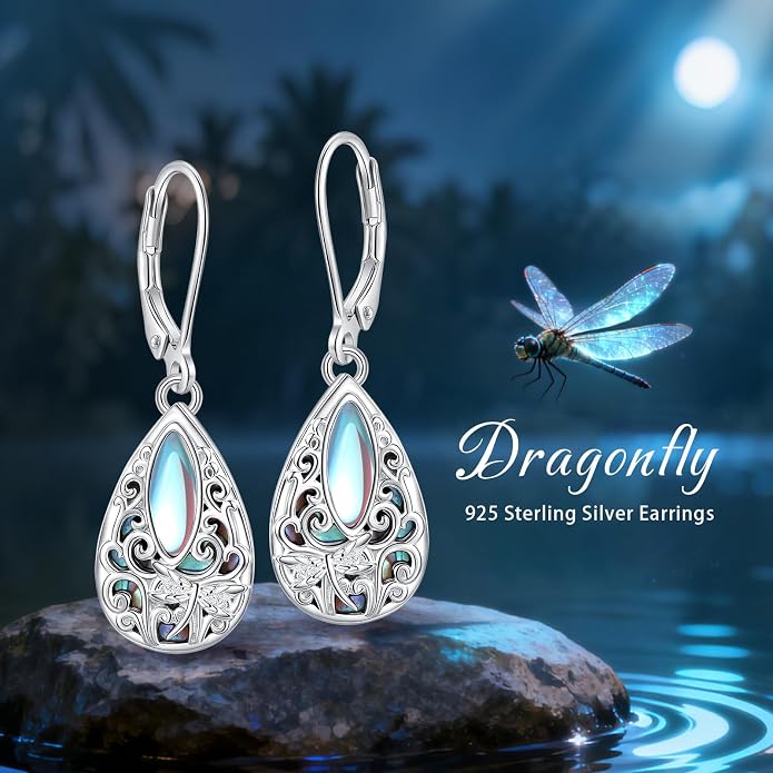 Vito 925 Sterling Silver Teardrop Earrings for Women, Moonstone Turquoise Drop Dangle Earrings Cat Snake Turtle Tree of Life Leverback Earrings Boho Jewelry Gift for Mom Wife
