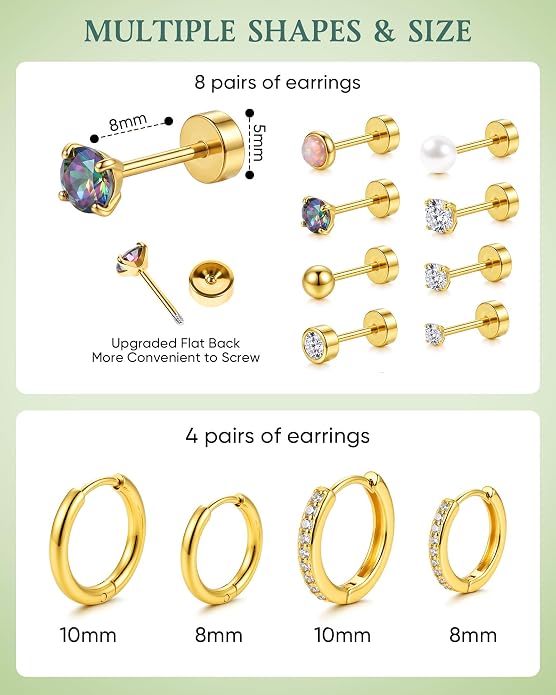 14K Gold Plated Hypoallergenic Earring Stack Set, Surgical Steel Flat Back & Screw Back Studs, Multi‑Size Small Huggie Hoops, Nickel‑Free CZ Pearl Opal Cartilage Earrings, Comfortable Sleeping Piercing Jewelry for Sensitive Ears Women & Men