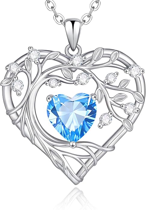 Tree of Life Birthstone Pendant Necklace - 925 Sterling Silver Heart Cubic Zirconia Diamond Women Pendant Necklaces for Her Daughter Girlfriend Birthday Gift Ideas for Wife Mom for Valentines Day