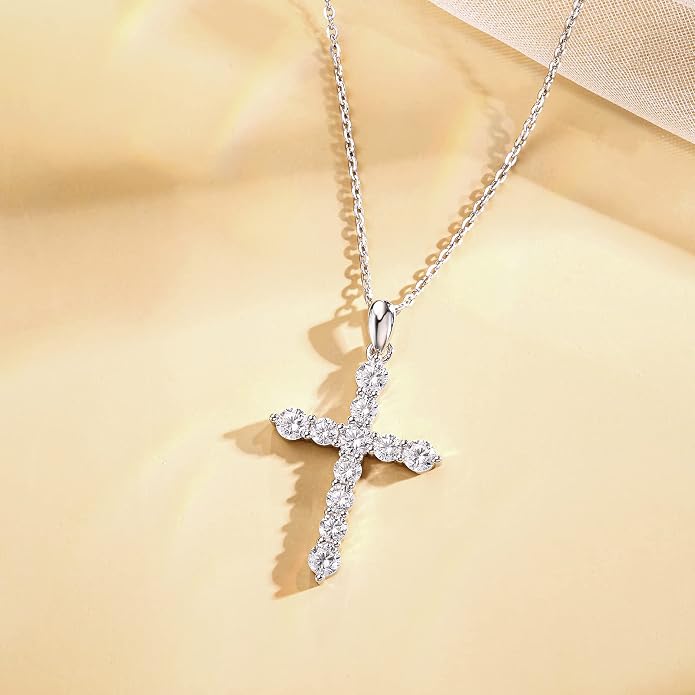 Carleen Cross Necklace For Women Yellow Gold Plated Sterling Silver Cubic Zirconia CZ Simulated Diamond Cross Crucifix Pendant Necklace Jewelry Easter Gift for Women, 18" Silver Chain Nice Gifts Jewelry Box