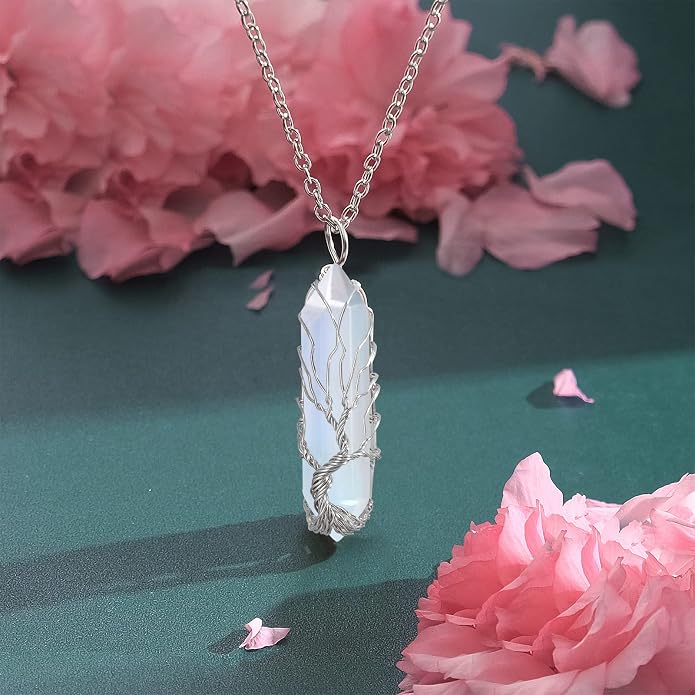 VIBILIA Healing Crystal Necklace Tree of Life Wire Wrapped Natural Stone Point Pendant Necklace Hexagonal Reiki Spiritual Quartz Gemstone Jewelry for Women Men