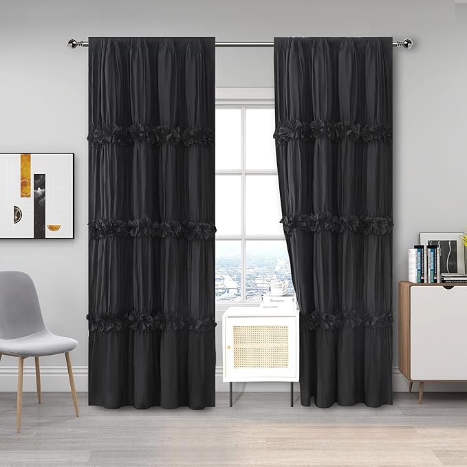 Homechoice Decor Boho Thermal Insulated Blackout Window Curtains Black | Ruched Window Treatments with 3 Rows of Butterfly Flowers, Rustic Rod Pocket Drapes for Room, 54"W x 84"L, 2 Panels (LQ-30)