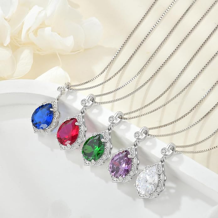 Fahonie Birthstone Necklace for Women 925 Sterling Silver Teardrop Gemstone Pendant Necklace Anniversary Birthday Christmas Cubic Zirconia Jewelry Gifts for Women Mom