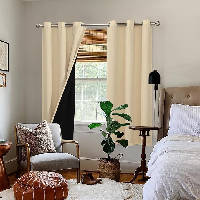 BGment Thermal Insulated 100% Blackout Curtains for Bedroom with Black Liner, Double Layer Full Room Darkening Noise Reducing Grommet Curtain (42 x 63 Inch, Natural, 2 Panels)