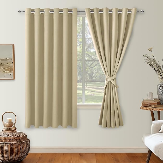 Hiasan Grommet Blackout Curtains for Bedroom, 70 x 63 Inches - Thermal Insulated & Light Blocking Window Drapes for Living Room/Dorm Room, Set of 2 Panels Sewn with Tiebacks, Light Beige