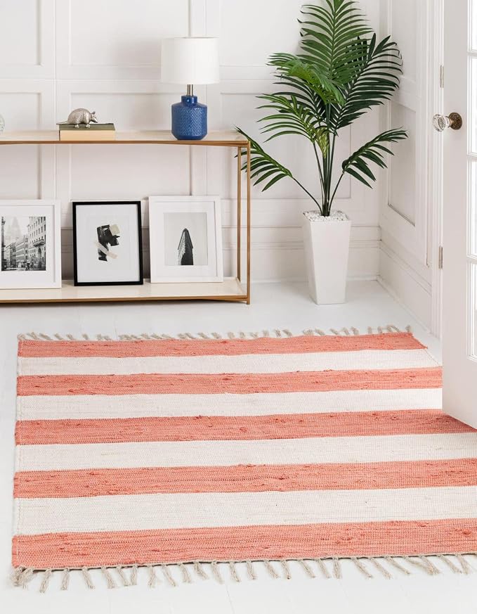 Unique Loom Chindi Rag Collection Area Rug - Striped (7' 10" Square, Coral and Ivory)
