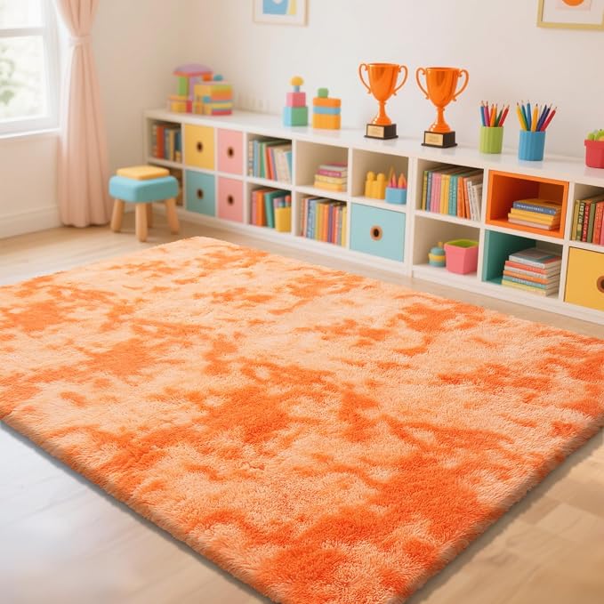 Mottling Orange Fluffy Rug Shag Area Rug, 8x10 Area Rugs for Girls Bedroom, Big Soft Shag Bedside Non-Slip Plush Dorm Carpet Home Decor Aesthetic