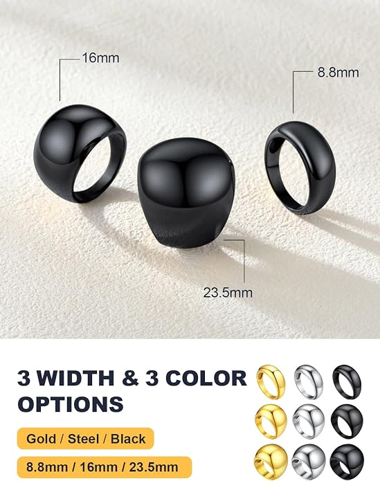 U7 Chunky Gold Dome Rings for Women, Stainless Steel/18KGold Plated/Black Statement Ring Non Tarnish Women Rings, Size 7-12