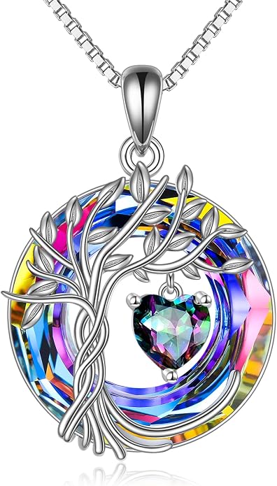 POPLYKE Mothers Day Gifts for Mom Her Wife Tree of Life Necklace 925 Sterling Silver Birthstone Pendant with Crystal Anniversary Birthday Wedding Jewelry for Women