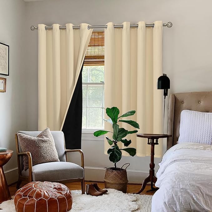 BGment Thermal Insulated 100% Blackout Curtains for Bedroom with Black Liner, Double Layer Full Room Darkening Noise Reducing Grommet Curtain (52 x 63 Inch, Natural, 2 Panels)