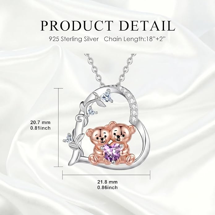 PELOVNY Teddy Bear Necklace for Women 925 Sterling Silver Bear/Highland Cow/Fox/Cat/Axolotl Birthstone Necklace Christmas Birthday Jewelry Gifts for Mom Daughter Wife Sister