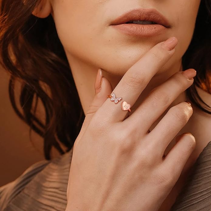 Initial Ring for Women Teens, Gold Plated Butterfly Heart Letter K Open Adjustable Ring, Dainty Alphabet Ring Jewelry Gift for Birthday