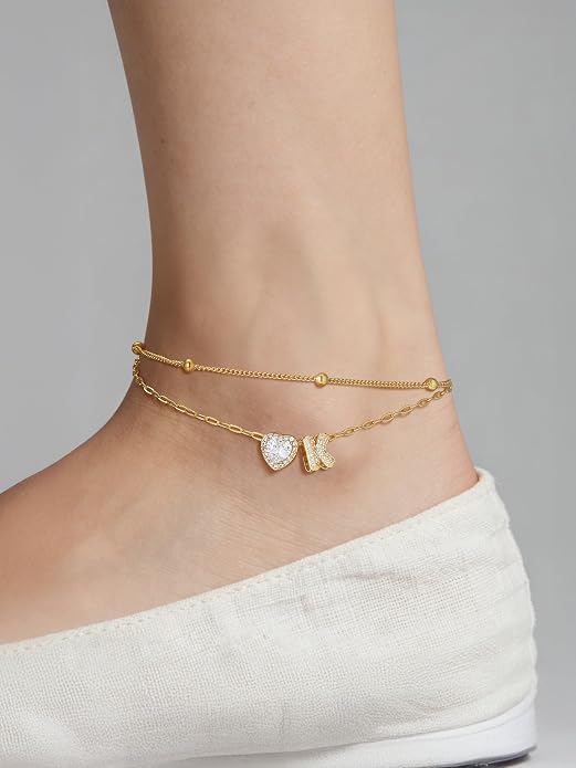 FindChic Silver/14K Gold Plated Layered CZ Initial Ankle Bracelet for Women | Waterproof Stainless Steel, Cubic Zirconia Letter Charm, Non-Tarnish, Hypoallergenic, Adjustable Extender, Summer Jewelry