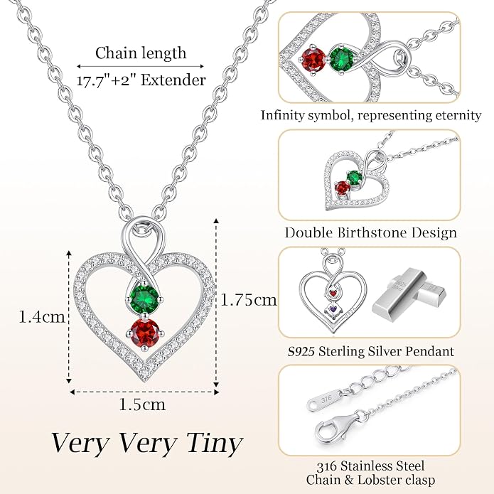 LOUISA SECRET Double Birthstone Necklaces for Women, 925 Sterling Silver Infinity Love Heart Pendant Necklace for Her, Birthday Anniversary Valentine's Day, Christmas, Wedding, Graduation Gift for Her, Personalized Gifts, Jewelry Gifts for Wife Mom Gir...