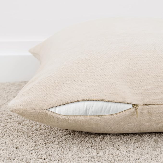 Set of 4 Khaki Throw Pillow Covers 24x24 Inch, Neutral Boho Farmhouse Aesthetic Decorative Pillow Cases for Couch, Sofa, Living Room & Bed, Soft Chenille Pillow Cases, Stylish Home Decor, 60x60 cm