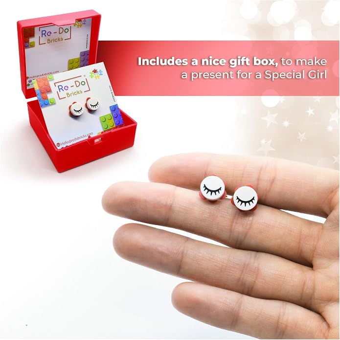 Eyelash Dot Brick Stud Earrings by Re-Do Bricks ® - Collectable Earrings - Hypoallergenic, Coquette, Original and Fun. Great gift idea for Teens, Girlfriends, Party Favors & Souvenirs. Minimalist.
