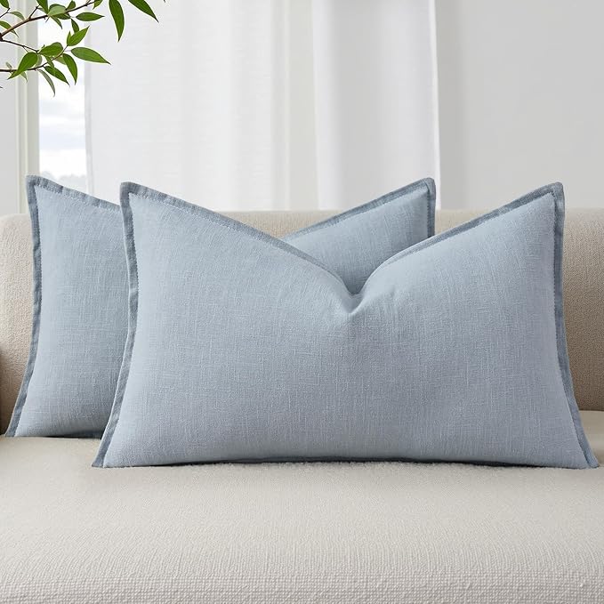 decorUhome Fall Sky Blue Linen Throw Pillow Covers 12x20 Set of 2 | Decorative Soft Cozy Modern Farmhouse Boho Accent Pillow Cases with Flange Edges for Couch Bed Sofa Living Room Home Decor