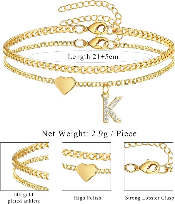 Initial Ankle Bracelets for Women 14K Gold Plated Dainty Layered Letter Heart Initial Anklet Bracelets Summer Beach Jewelry for Women